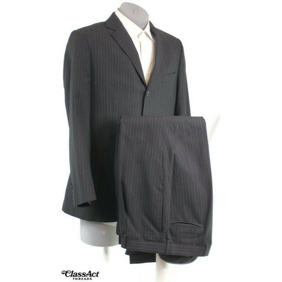 J. Ferrar Black Mens Modern Fit 2 Piece Suit 3 Btn Black Striped 40R 34" Waist - Picture 2 of 10